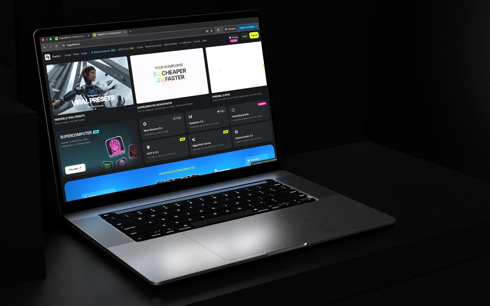 Higgsfield AI content platform shown on a laptop