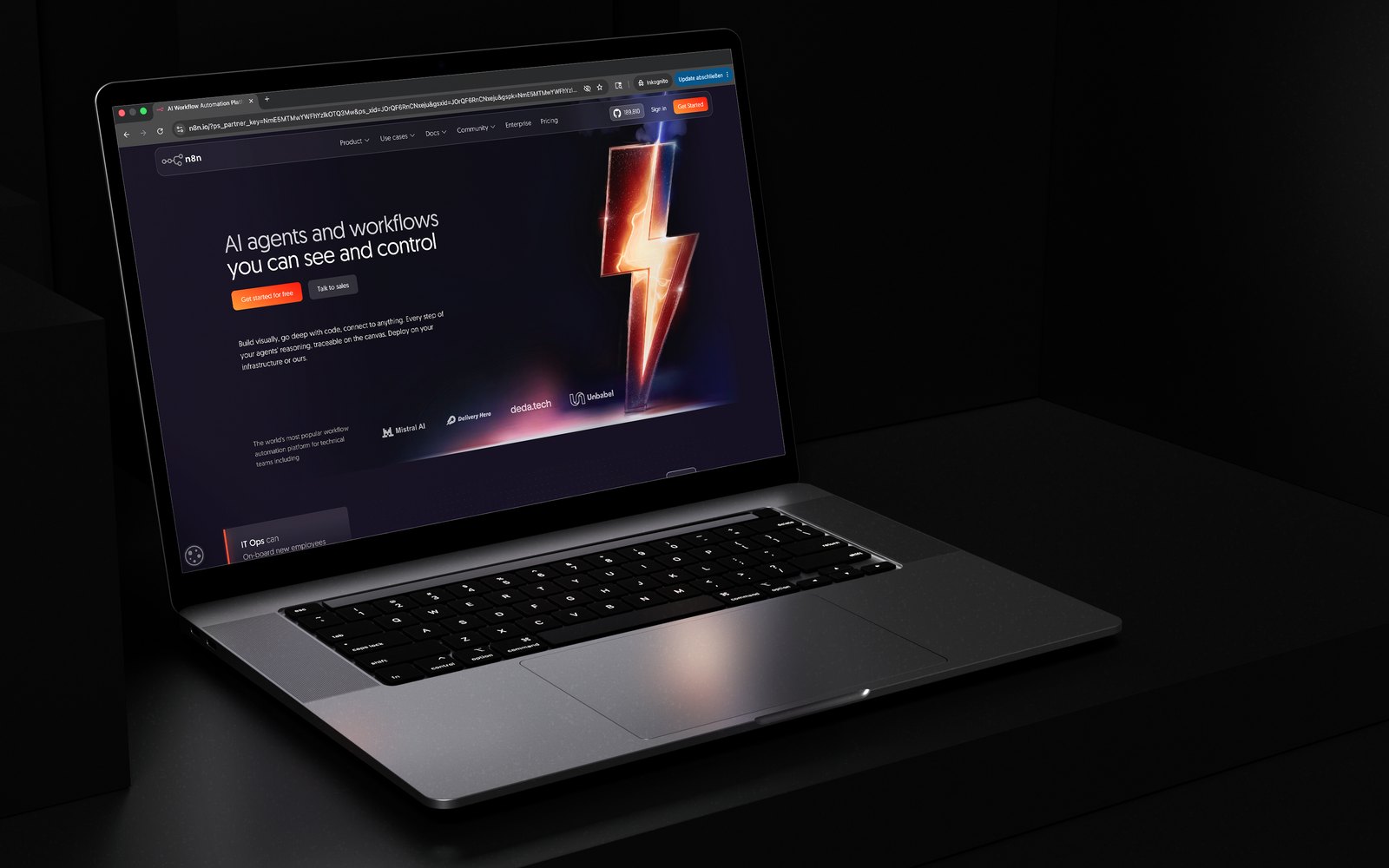 N8N automation landing page shown on a laptop